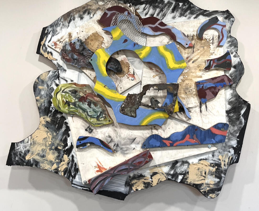 "Obstructed View" 1 of 2 Oil, inkjet transfer, coffee, foam and metal on wood mounted to panel 50" x 39" x 5"