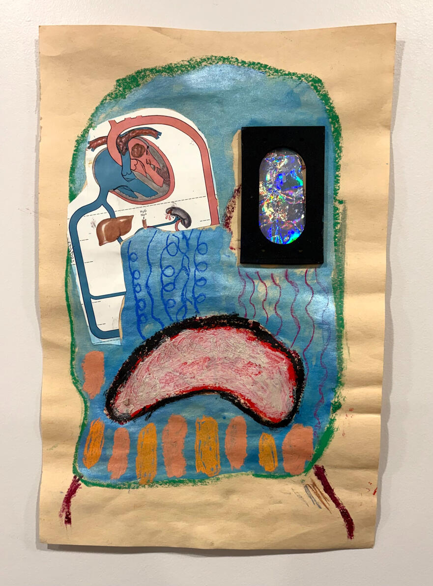 "Blackout" Acrylic, oil stick, marker, collage and found objects on paper 12" x 17" 2025