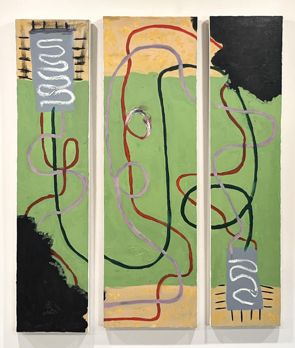 "Untethered, In 3 parts" Oil, oil stick, bronze dust and copper on canvas 36" x 43", 10" x 43", 13" x 43", 10" x 43" (sold) Private collection 2023