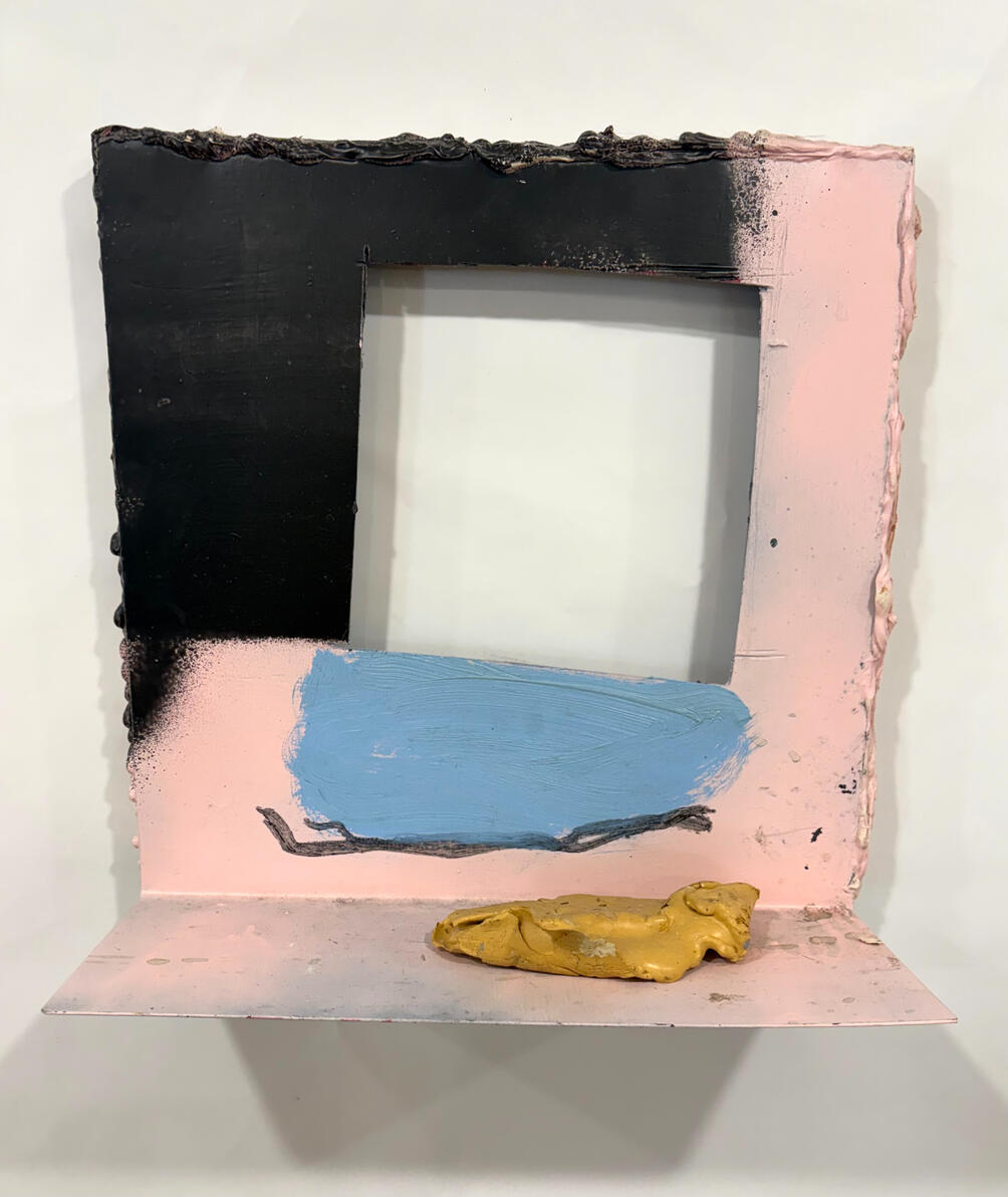 "Invisible door to Oblivion" Oil, silicone and dried latex paint on steel 15" x 14" x 6" 2020