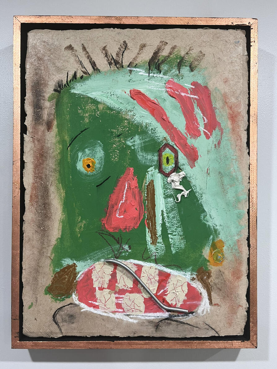 &quot;Green Man, O-&quot; Oil, oil stick, felt tip pen, acrylic, nupastel, silicone and metal on handmade paper mounted to panel in artists frame, copperleafed 16&quot; x 23&quot;