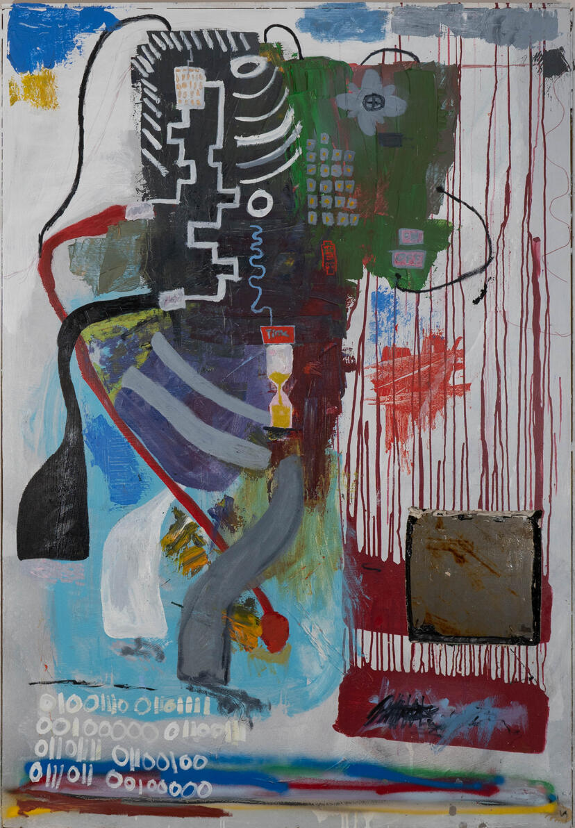 &quot;Traveler&quot; Oil, silicon and sheet metal on panel (destroyed)