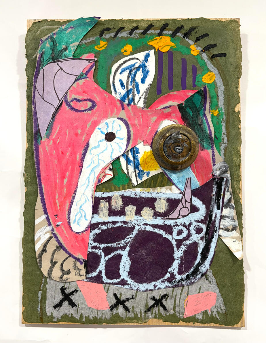 Oil stick, acrylic, collage and found object on handmade paper mounted on panel 12" x 17" x 3" 2025