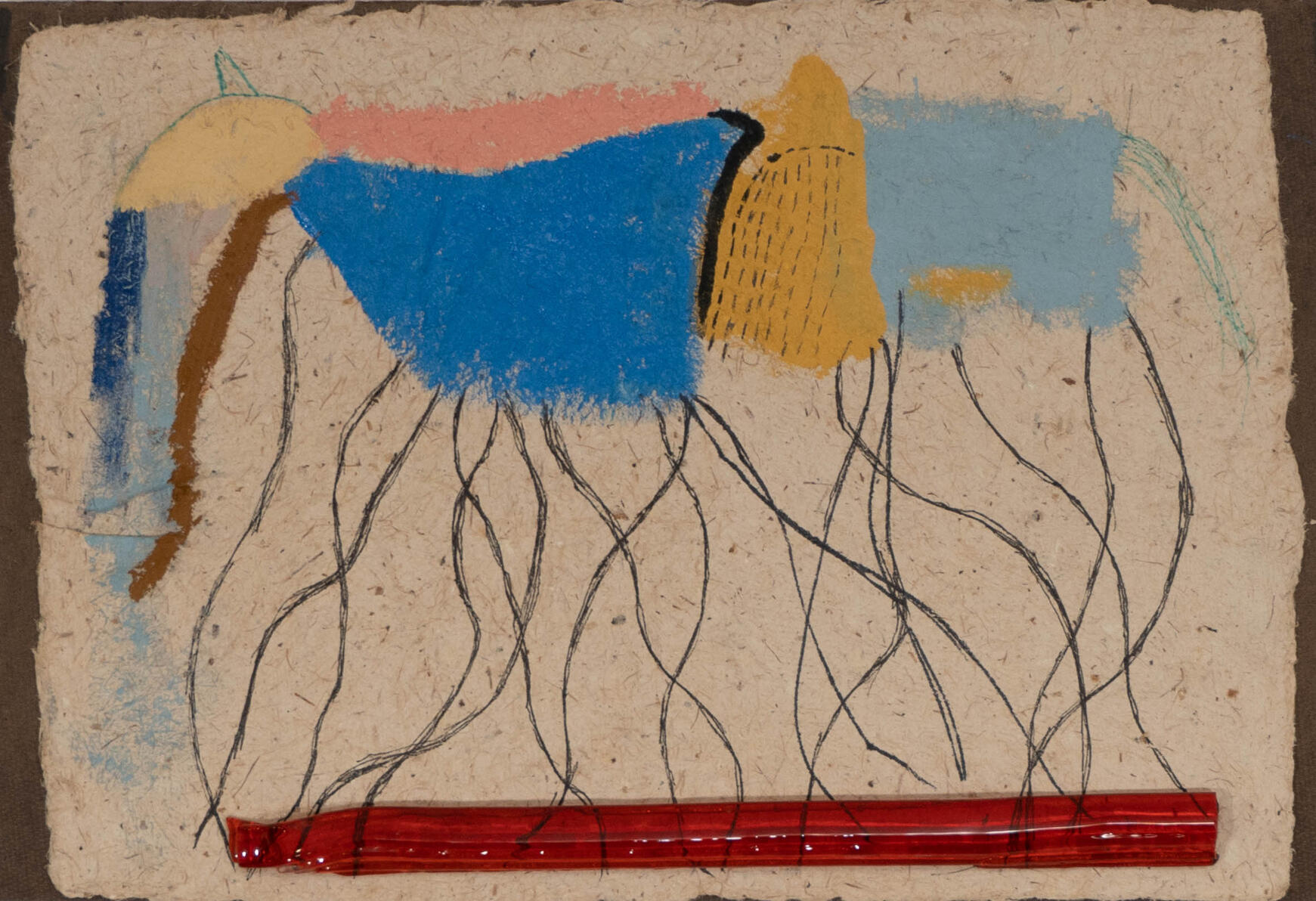 &quot;Thousand legged horse&quot; Marker, pen, oil and colored glass on handmade paper mounted on panel
