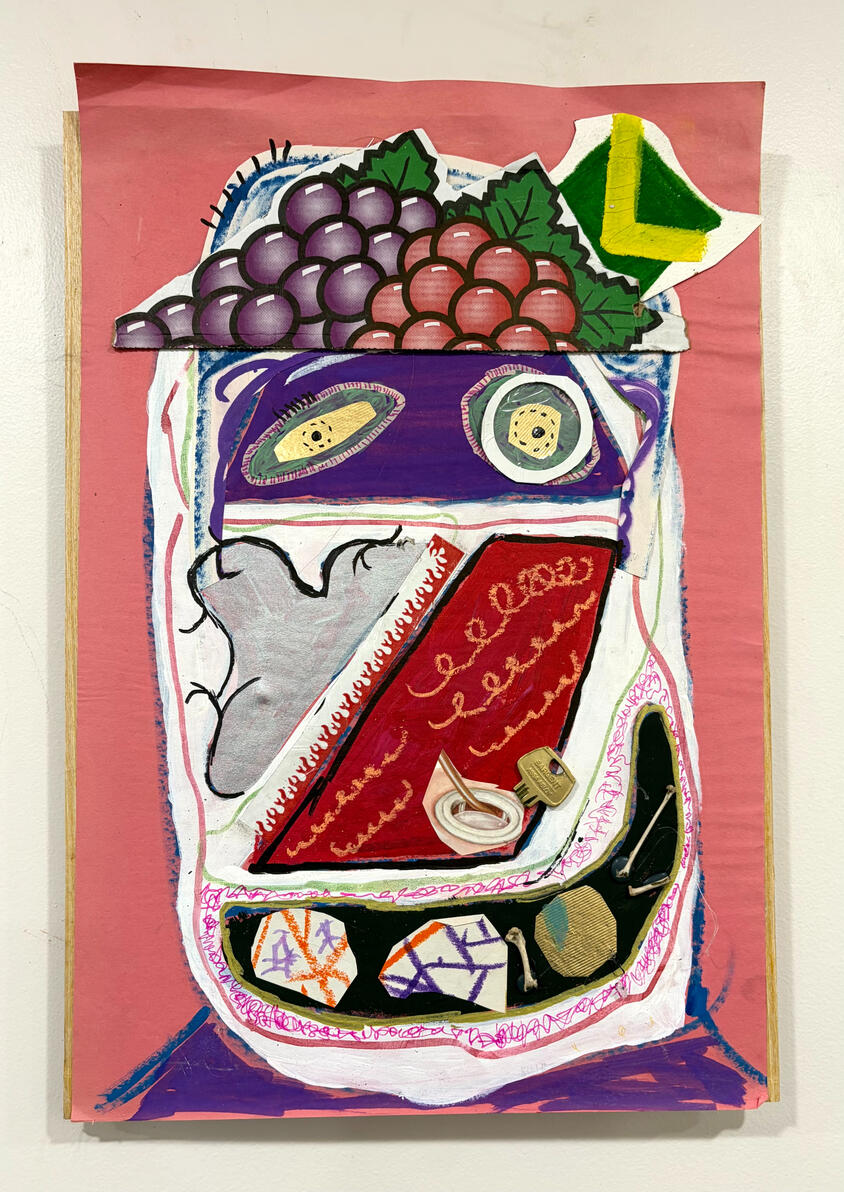 "Arrowhead" Oil stick, marker, found objects and cardboard on paper mounted on wood 18" x 12" 2025