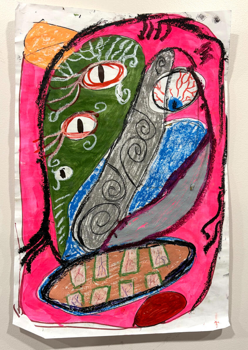 "untitled" Oil pastel, marker, soild paint stick and gel pen on paper 12" x 17" 2025