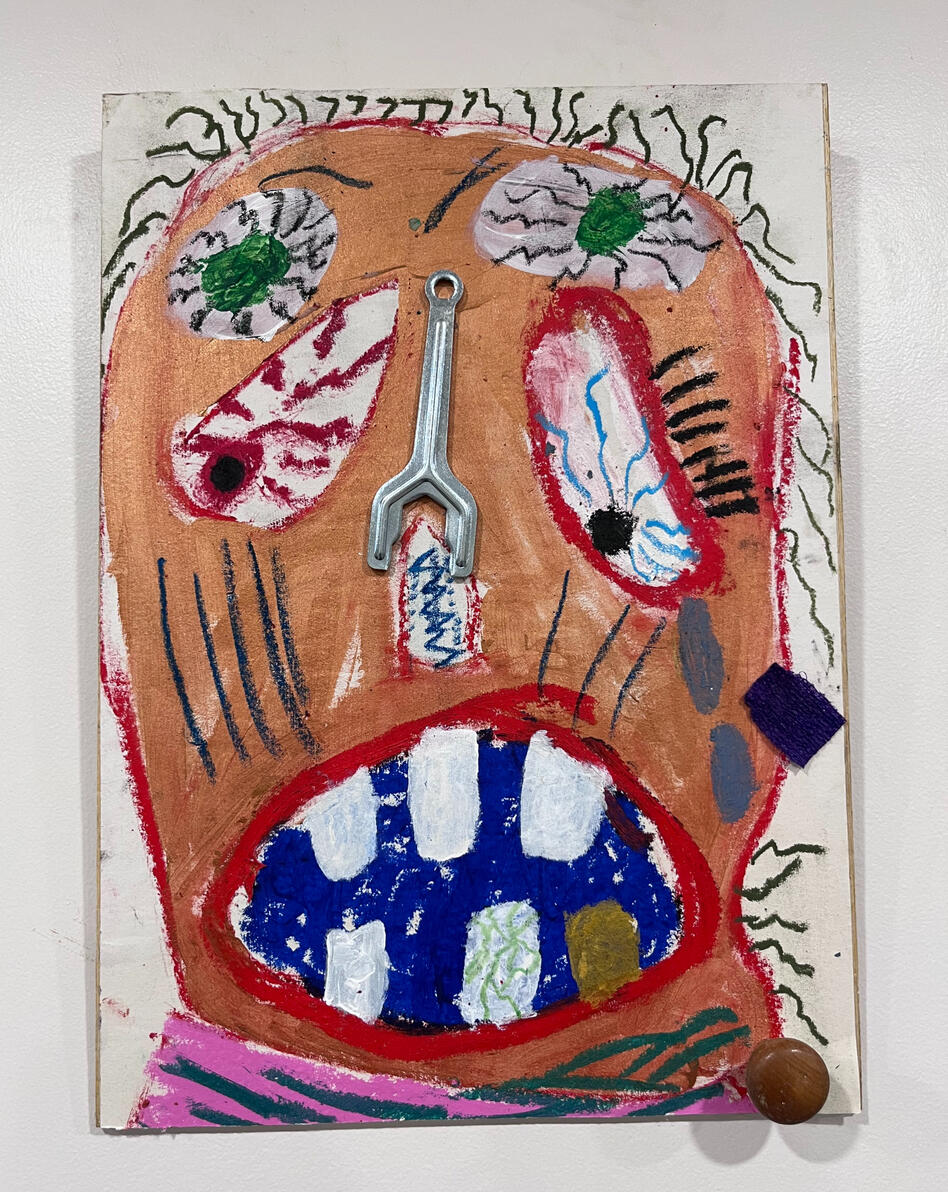 "Animorph" Oil stick, acrtlic and found objects on paper mounted on board 12" X 17"