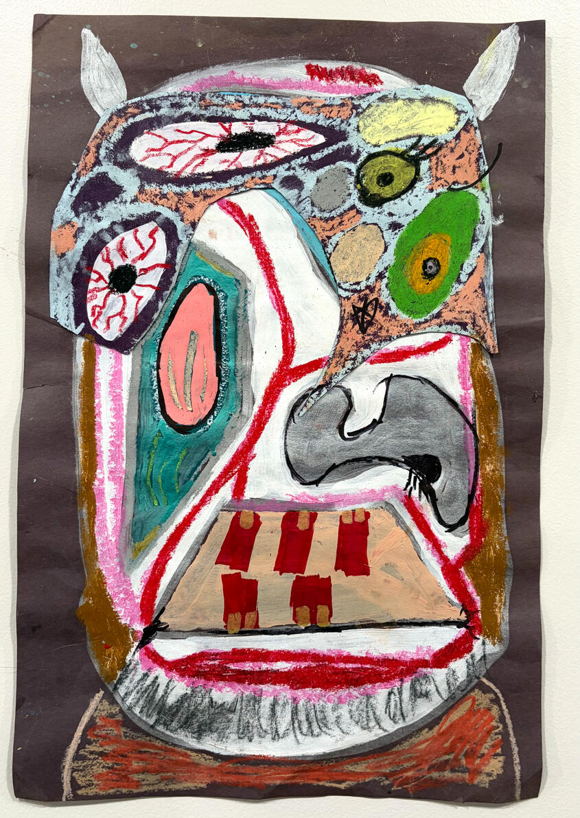 "Topographical map of flesh' Oil stick, oil pastel, ink, marker, silicone, collage, and found objects on paper mounted on wood 12" x 17" 2025
