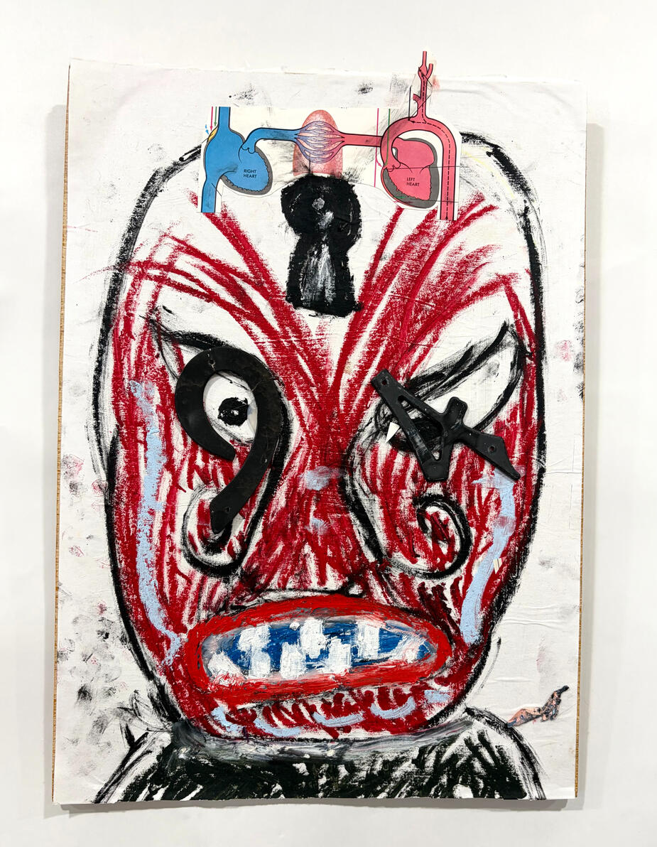 "Lucha Libre" Oil stick, metal and collage on paper mounted on board 12" x 17" 2025
