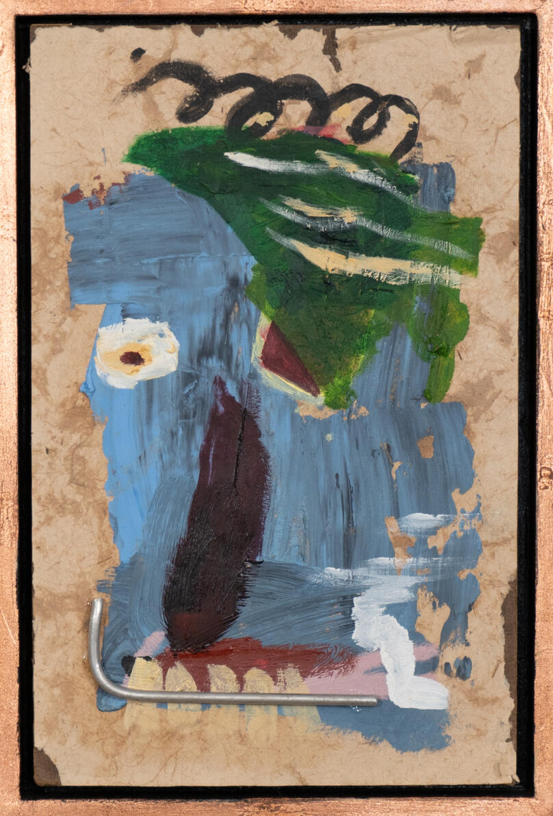 &quot;Gum Head&quot; Oil, oil pastel, and steel on handmade paper mounted on panel in handmade frame