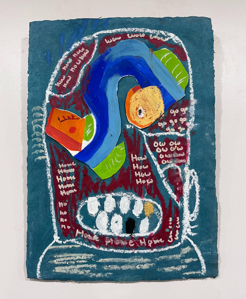 "What are you looking at?" Oil stick, marker and collage on paper mounted on board 12" X 17" 2025