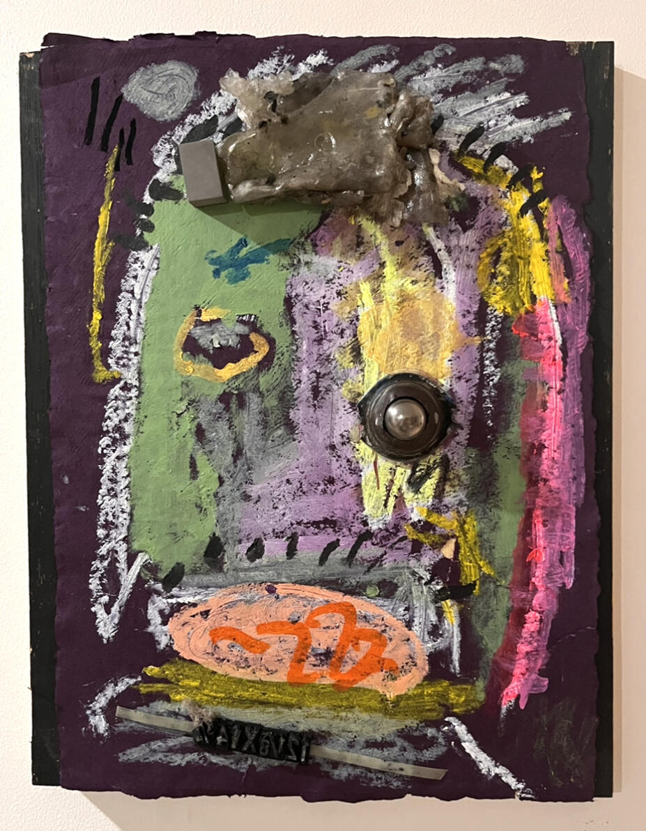 "Terminate" Oil stick, glue, dirt and stolen "found objects" on handmade paper mounted to panel 13" x 17" 2024